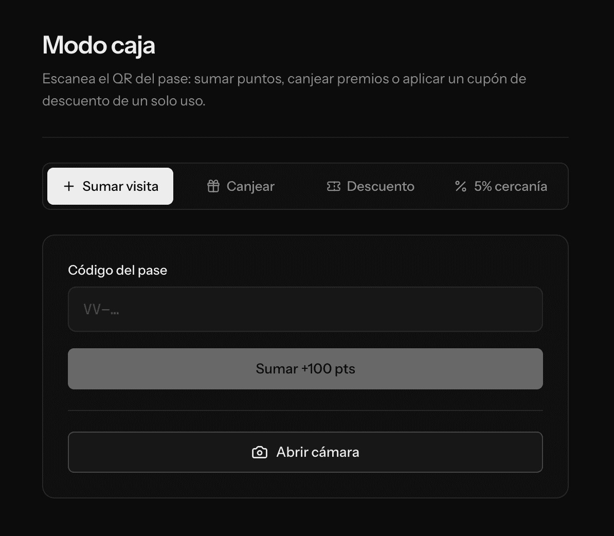 Modo caja de Vuelvis: sumar visita y canjear premios desde el navegador.